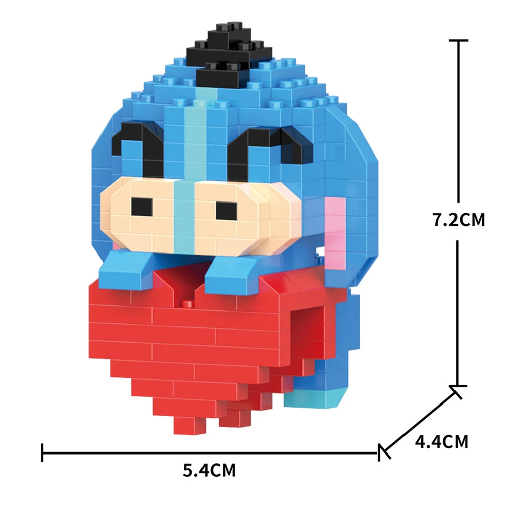 A blue and red animal model built from micro building blocks, showing its size dimensions.