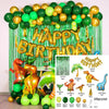 A dinosaur-themed party balloon arch kit featuring foil balloons and a green tinsel curtain backdrop.