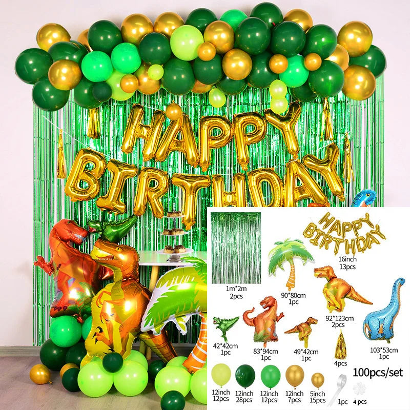 A dinosaur-themed party balloon arch kit featuring foil balloons and a green tinsel curtain backdrop.