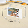 Five clear acrylic magnetic fridge frames with printed photos are shown on a wooden surface.