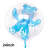 A blue foil balloon shaped like a bear with a bow tie and the word baby attached, measuring 24 inches.