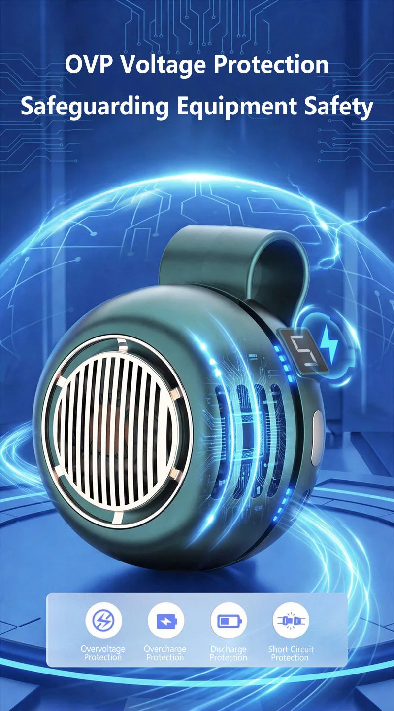 A teal portable bladeless clip-on fan with blue electrical graphics illustrating OVP voltage protection features.