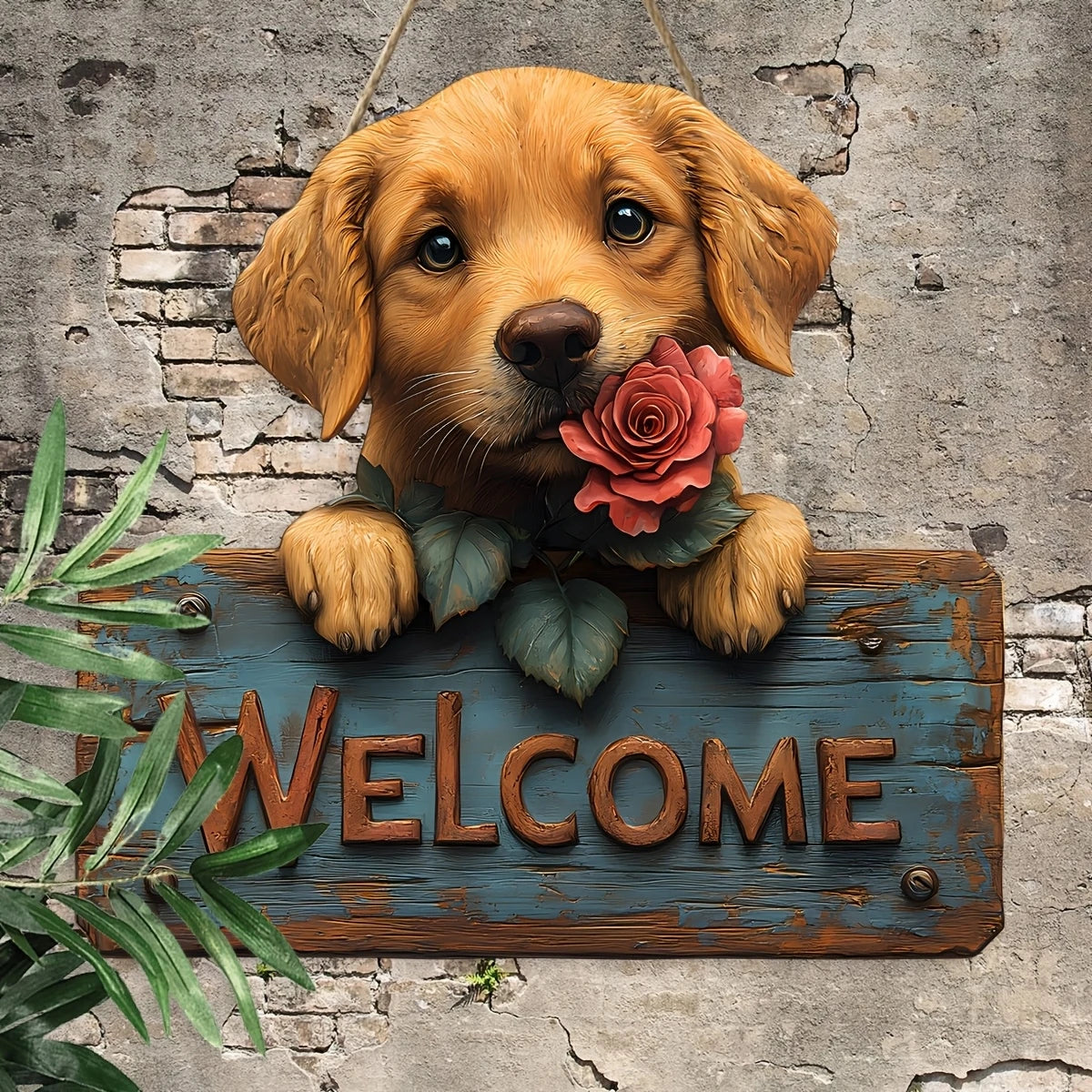 Un chiot doré repose sa tête sur une rose rose, devant un panneau de bienvenue en bois avec des feuilles vertes.