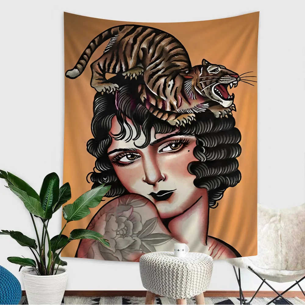 A painting featuring a woman with vintage tattoos looking intensely, with a tiger climbing her hair.