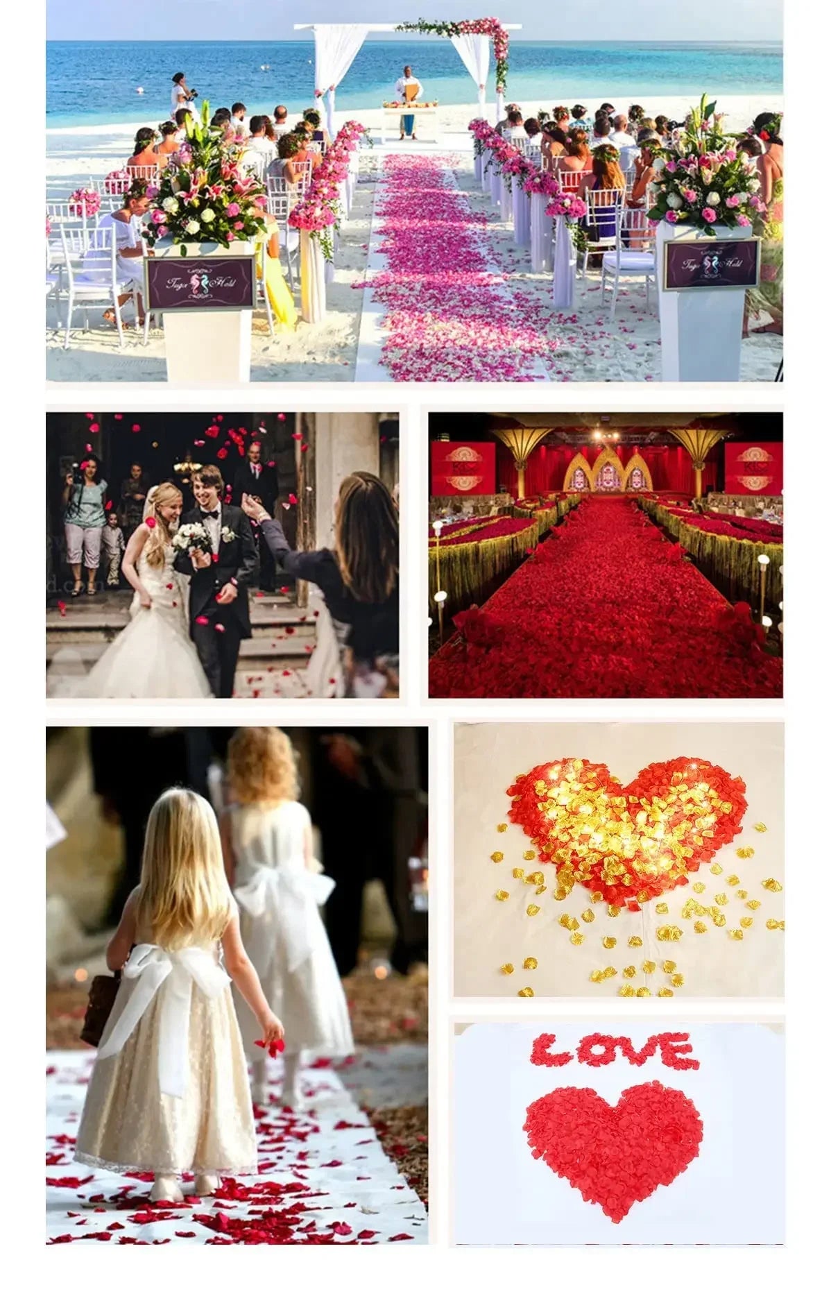 A display of artificial rose petals used for wedding decoration, featuring pink and red petals on a pathway.