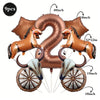 A set of foil balloons shaped like the number 2 and two horses, in a bronze or copper color.