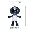 A black and white plush toy resembling a character with large eyes and a small mouth.