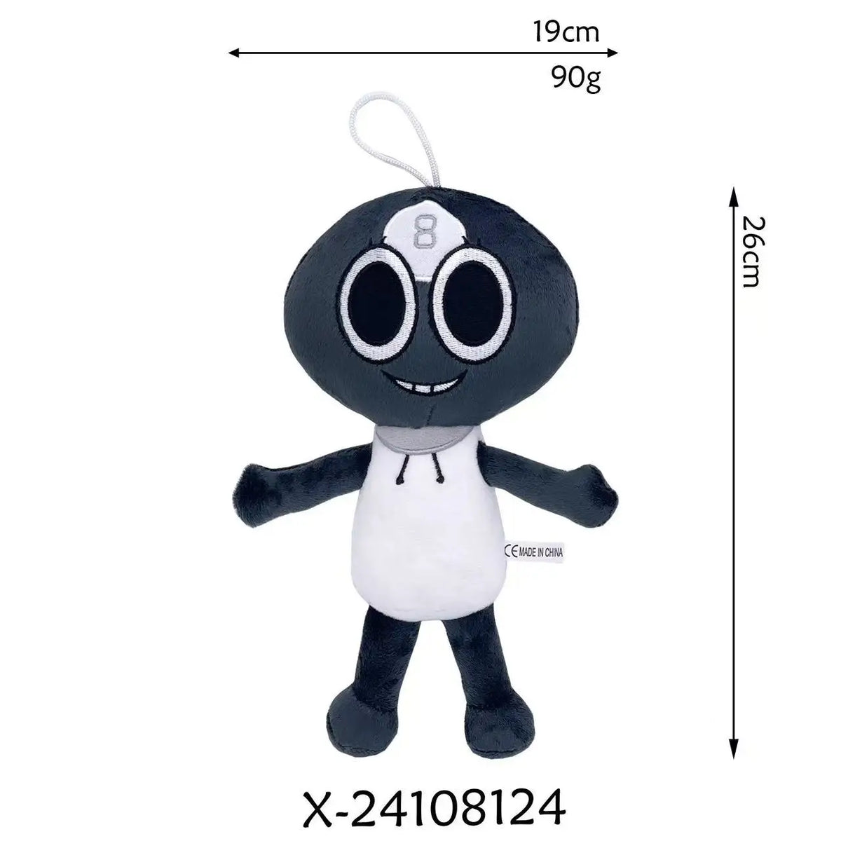 A black and white plush toy resembling a character with large eyes and a small mouth.