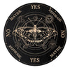 A circular wooden divination board with eight sections labeled YES, MAYBE, NO, REPHRASE, and a central butterfly design.