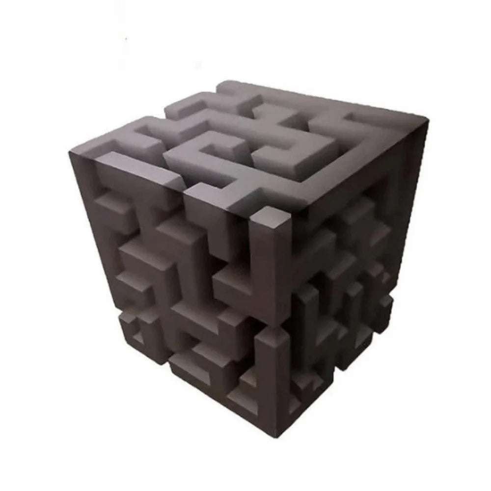 A dark gray cube featuring an impossible maze pattern made of interlocking blocks.