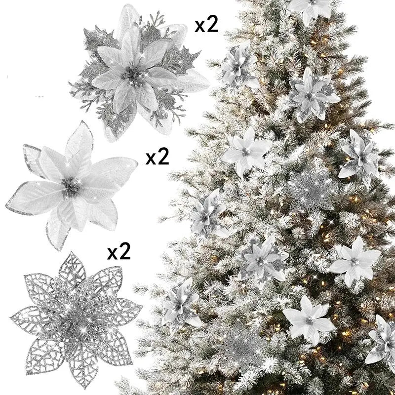 A set of six glittered artificial white flowers with clips displayed next to a decorated Christmas tree.