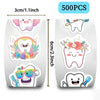 A roll of 500 cartoon tooth fairy stickers featuring various teeth and dental themes for kids and teens.