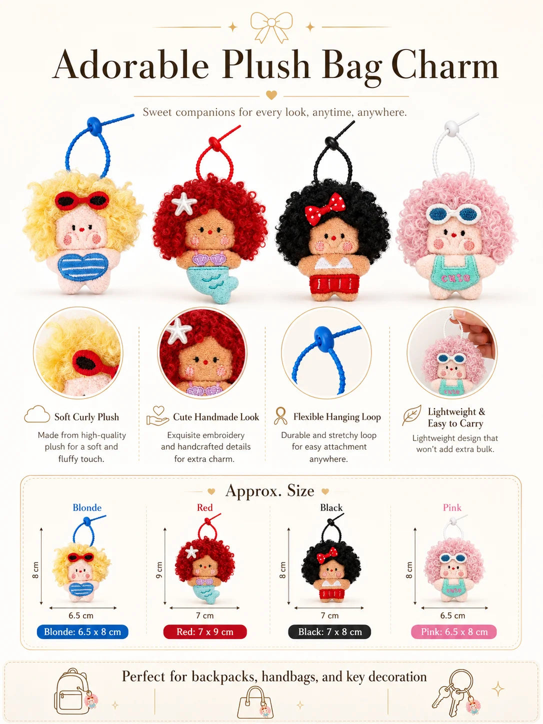 Four adorable plush bag charms in various colors including yellow, red, black, and pink for decoration
