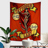 A vibrant tapestry featuring a vintage tattoo style woman in red and gold attire against an orange background.
