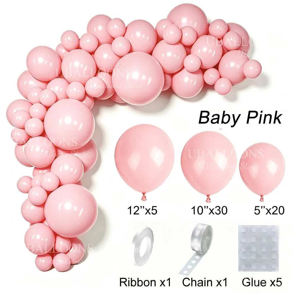 A pink latex balloon garland kit showing various balloons, ribbon, chain, and glue for party decoration.