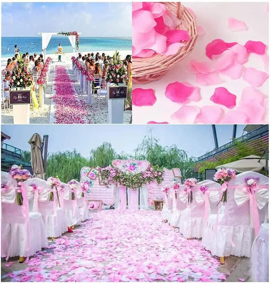 Pink silk rose petals scattered on a white aisle for an event decoration setup.