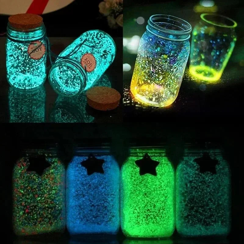 Various glass jars filled with glow-in-the-dark luminous pebbles used for garden and aquarium decor