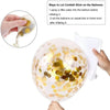 A clear foil balloon filled with gold confetti is being held by a hand, demonstrating how to stick confetti on balloons.
