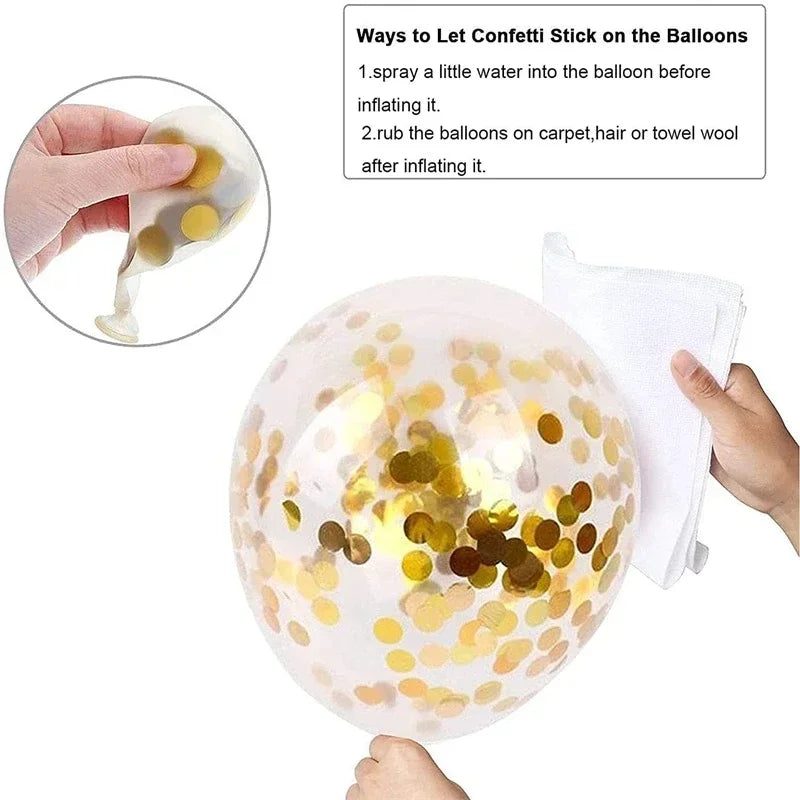 A clear foil balloon filled with gold confetti is being held by a hand, demonstrating how to stick confetti on balloons.