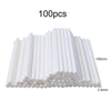 A flat arrangement of 100 white paper lollipop sticks with tie closures, showing the size and quantity.