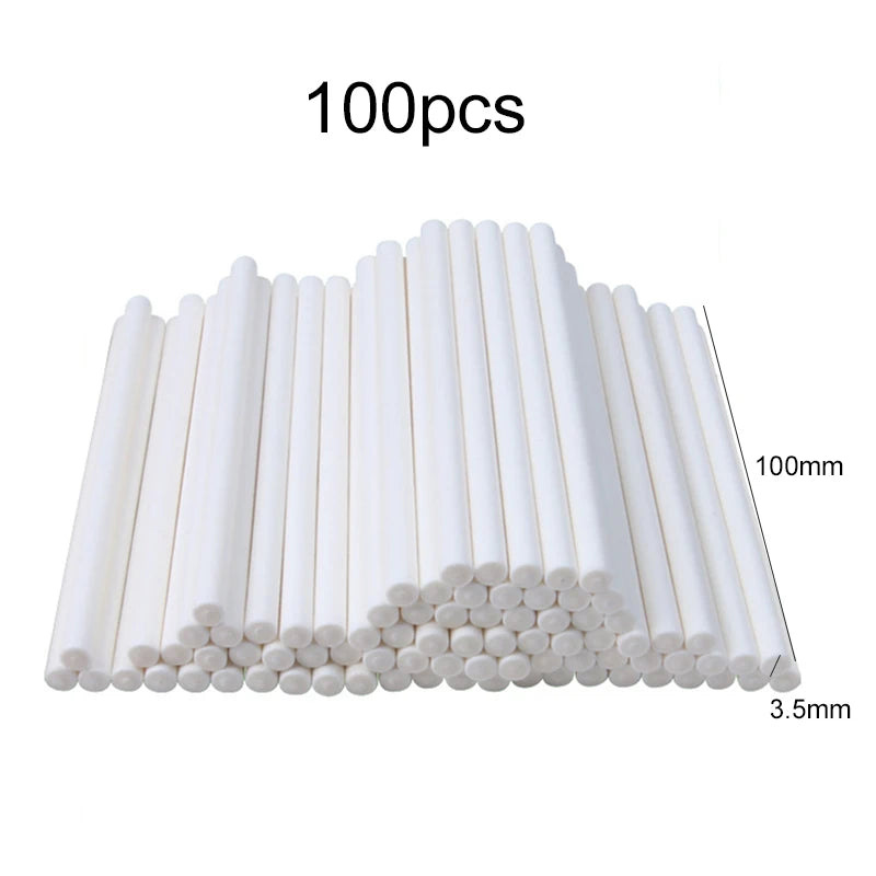 A flat arrangement of 100 white paper lollipop sticks with tie closures, showing the size and quantity.