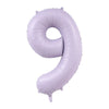 A purple foil number balloon shaped like the number 9.