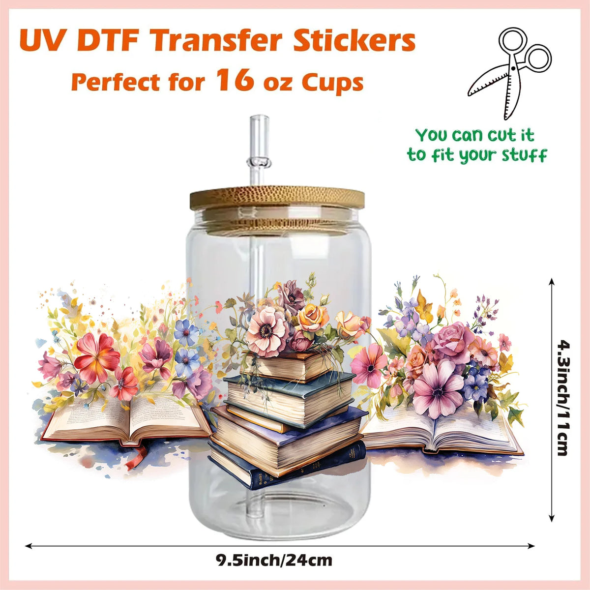 UV DTF transfer stickers for 16 oz cups shown with floral decorations and books