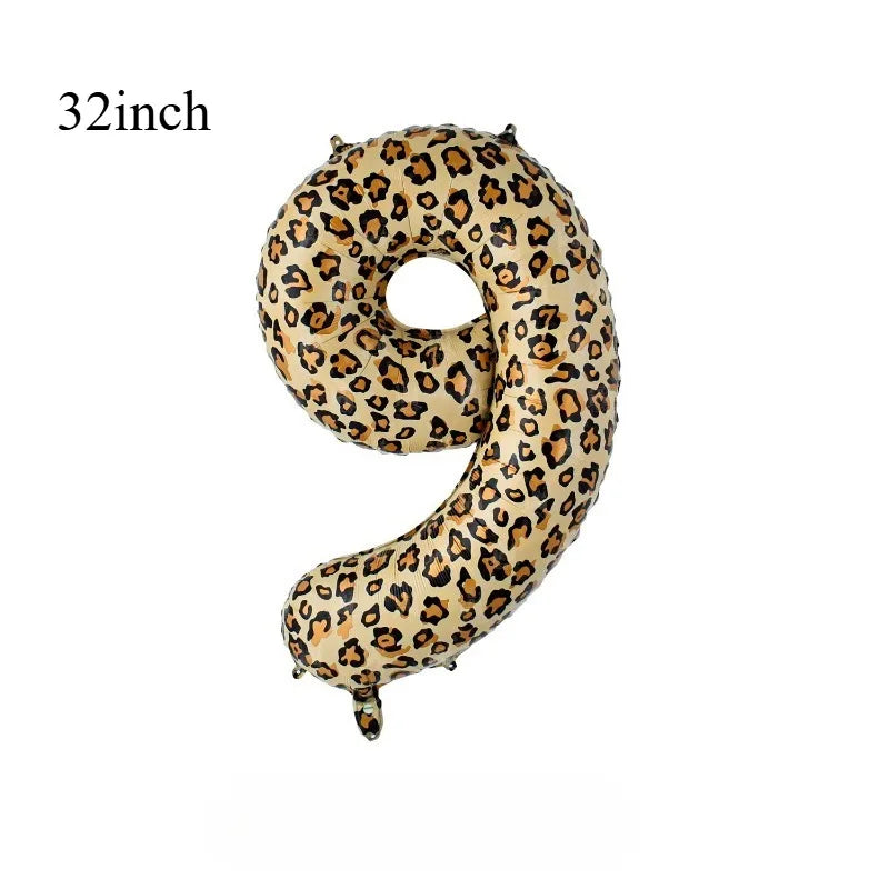 A 32-inch inflatable number balloon shaped like the number 9, covered in a leopard print pattern.