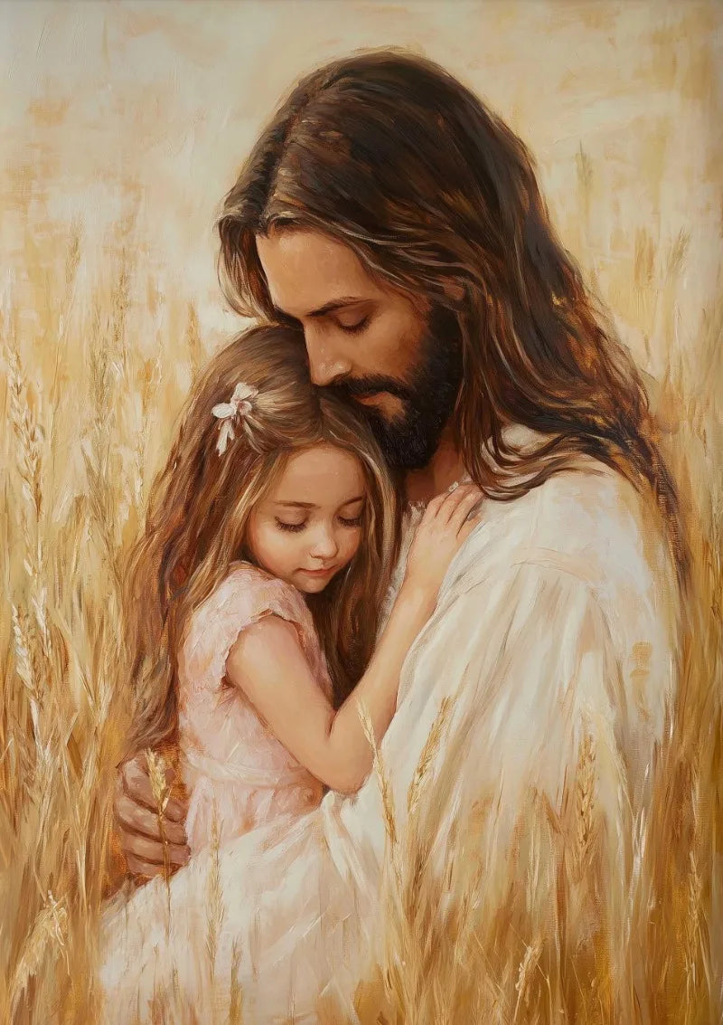 A painting depicting Jesus embracing a young girl amidst golden wheat fields.