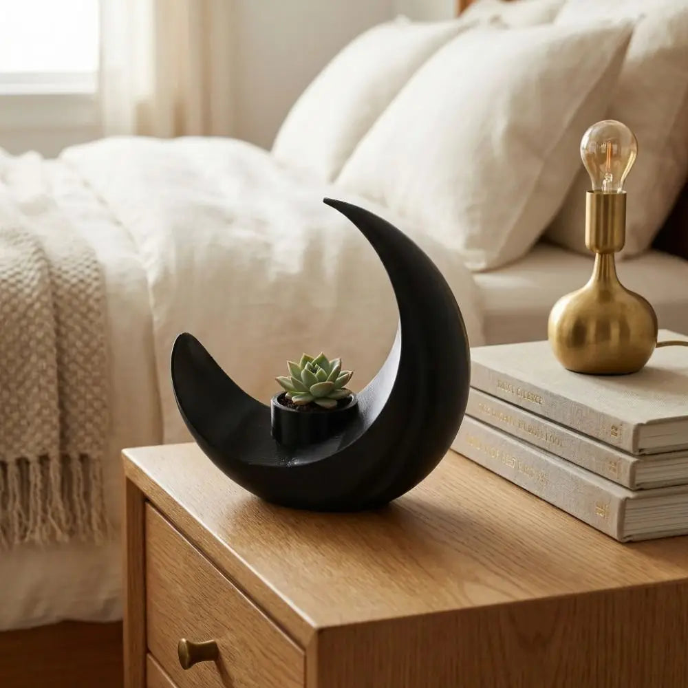 A black moon-shaped decorative vase with a gold light bulb sits on a wooden nightstand next to stacked books.
