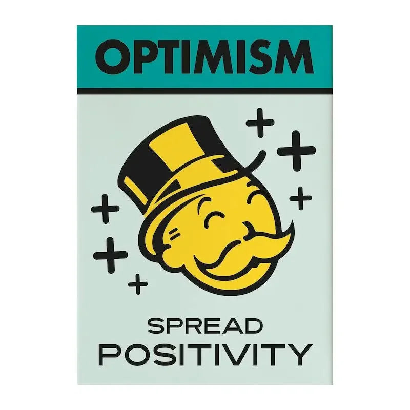 Gráfico de una cara sonriente amarilla con bigote y sombrero de copa, con el texto OPTIMISMO y una invitación a difundir POSI