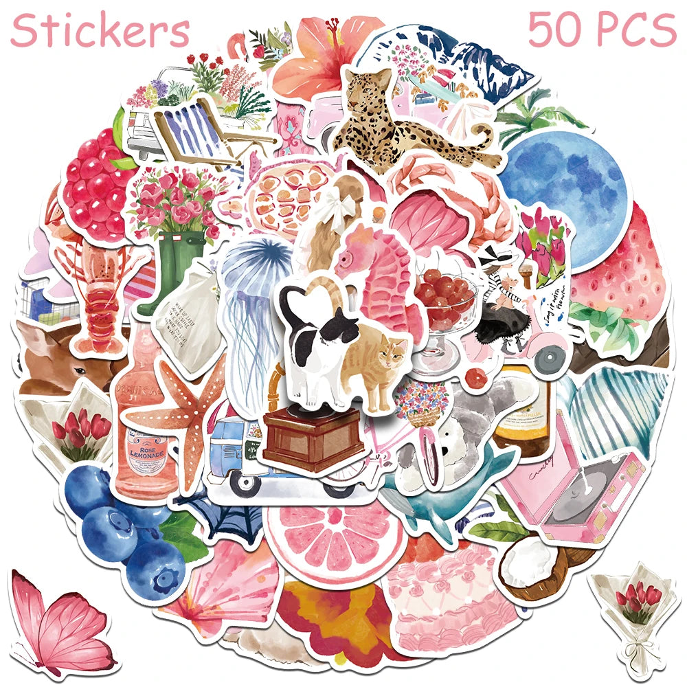 A circular arrangement of 50 watercolor dairy stickers featuring cats, fruits, flowers, and various cute designs.