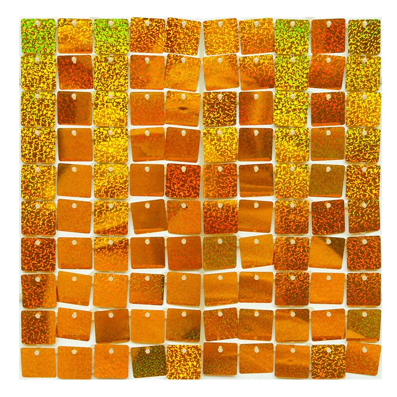 A grid of square iridescent sequin shimmer wall panels in various shades of gold and bronze.