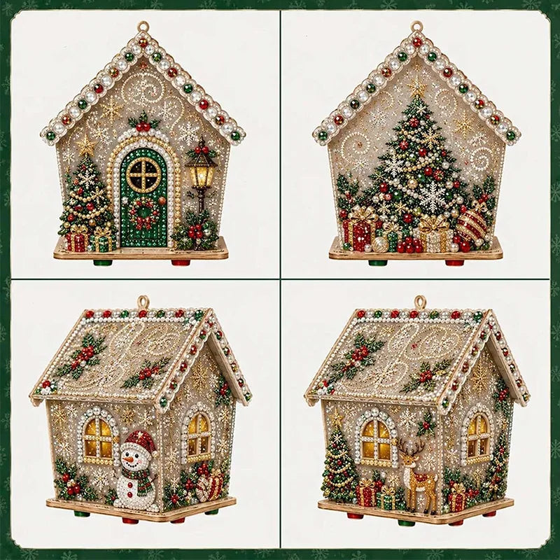 A set of three 3D diamond painting Christmas cabin crafts featuring festive holiday scenes and rustic wooden structures.