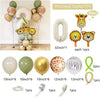 Jungle animal balloon party set featuring a number balloon, various animal shaped balloons, and various accessories.