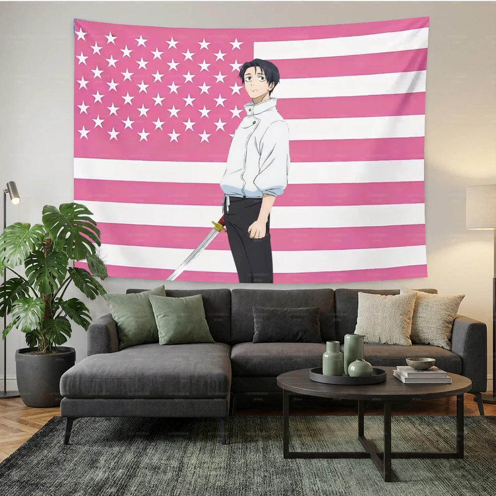 Tapis de fond mural avec un drapeau rose, décorant un personnage stylisé en chemise blanche et pantalon foncé.