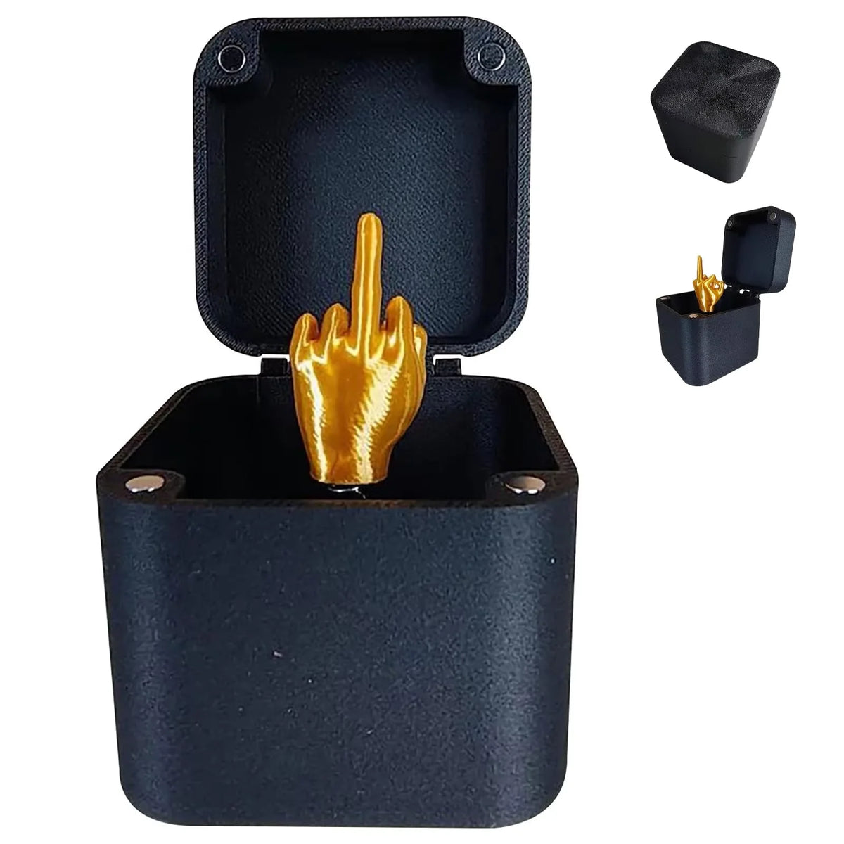 Une boîte cadeau gris foncé contenant une empreinte de main dorée et un outil accessoire.