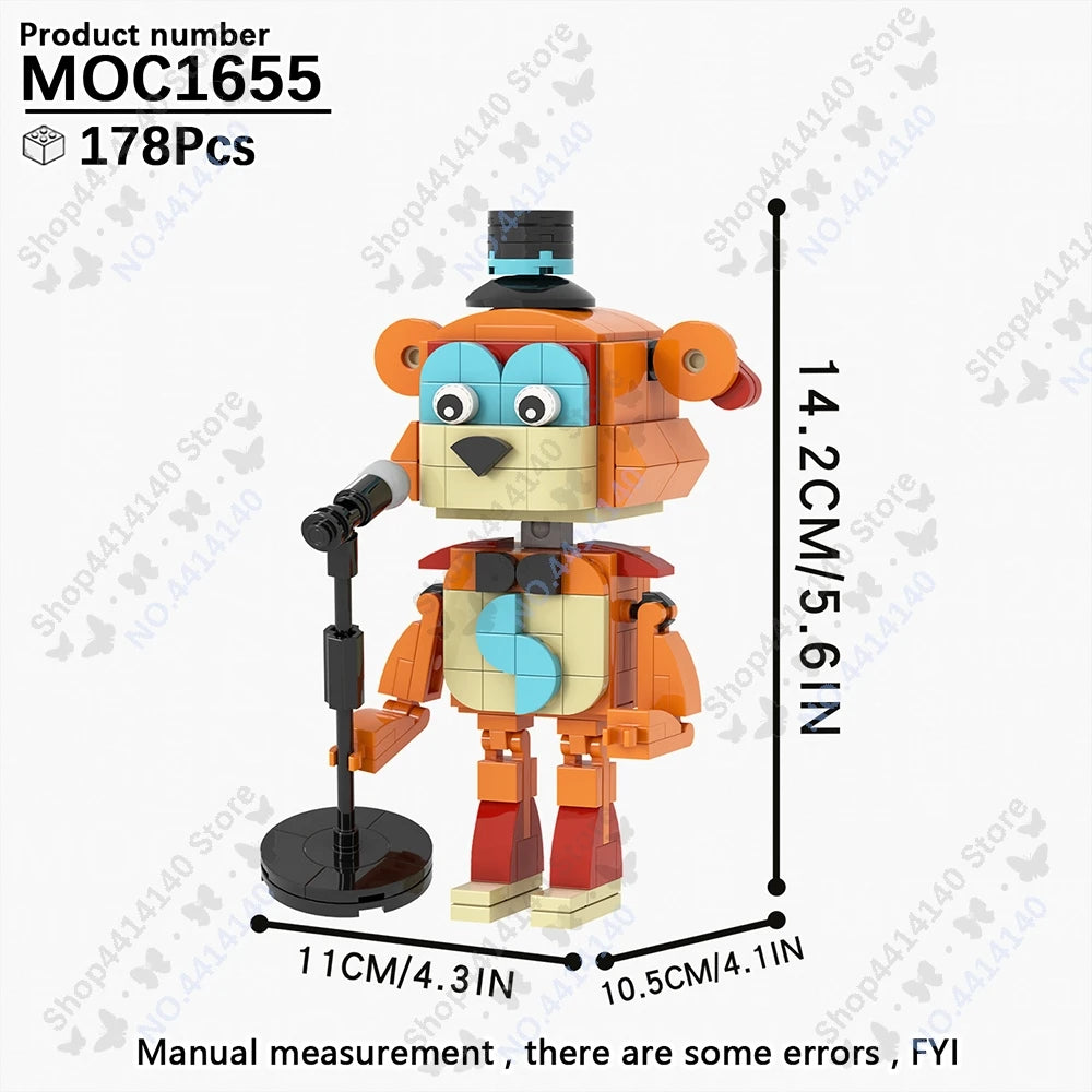 A fully assembled Five Nights at Freddy's character model made of orange and blue building blocks.