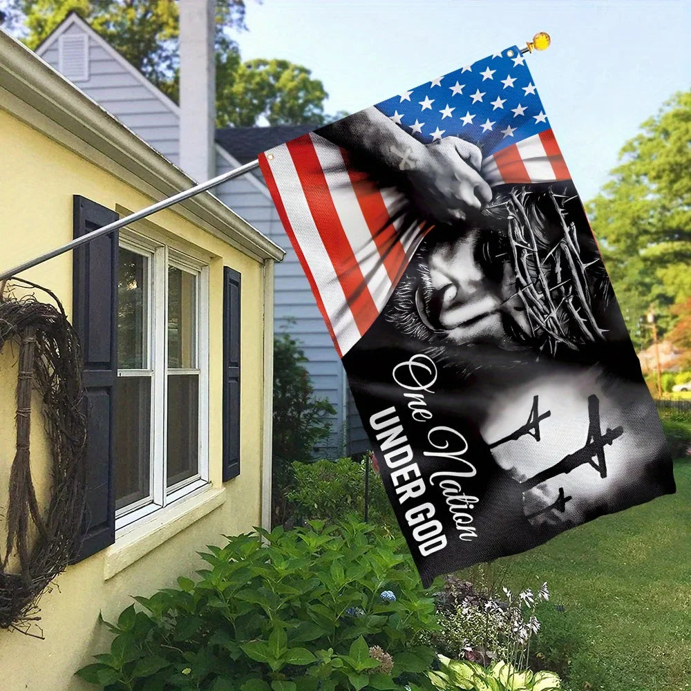 A black and white banner flag featuring an American flag design with a hand over a face.