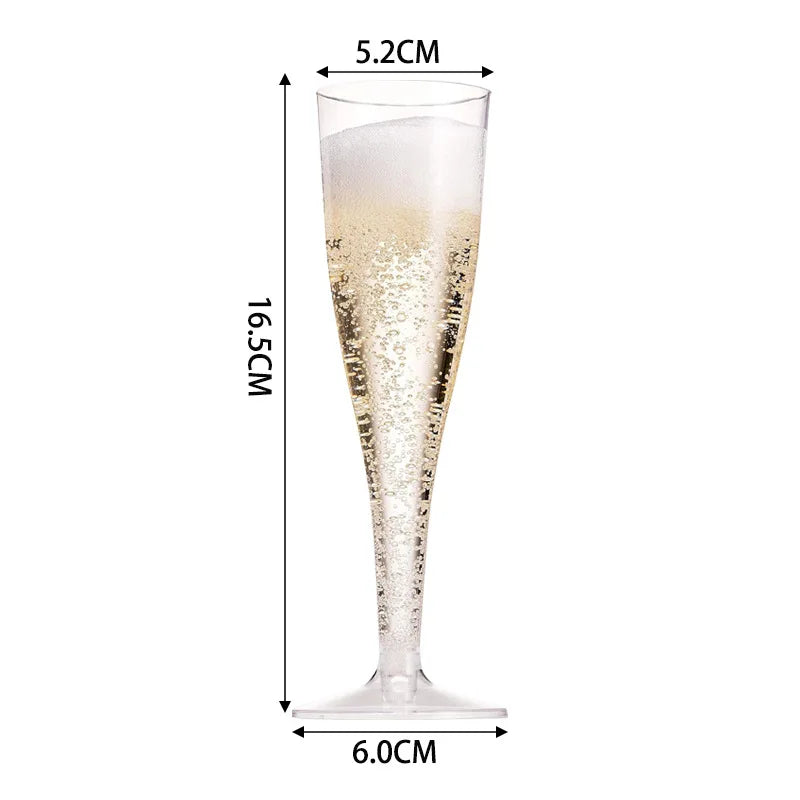 A tall, clear plastic champagne flute with a long stem and a wide bowl.