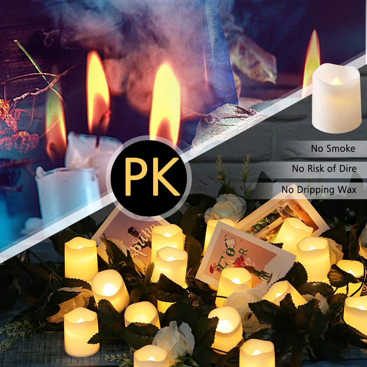 A set of 24 yellow LED tea light candles arranged on dark green foliage.