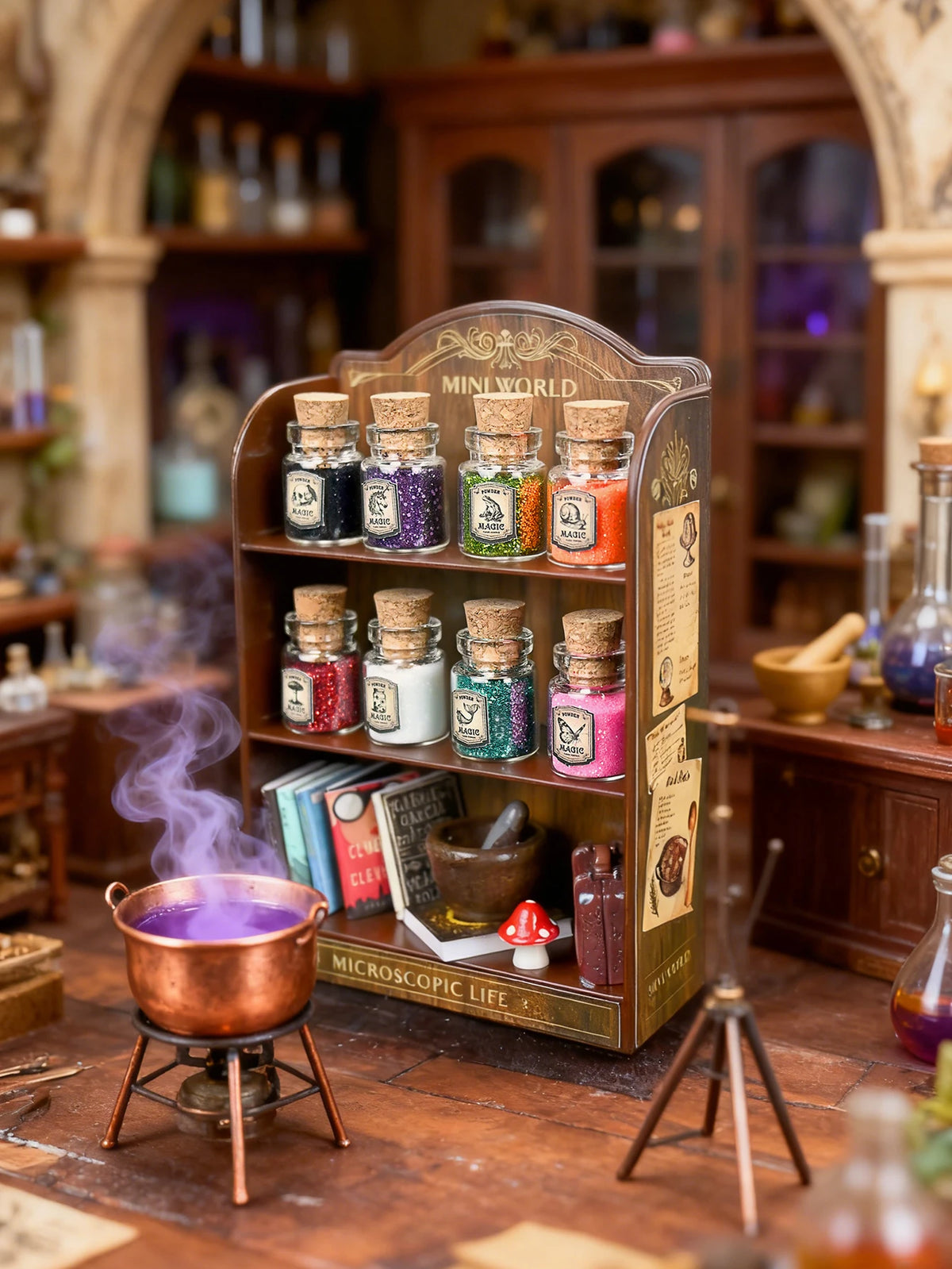 A wooden display box of glitter powder jars with various colors and textures displayed in a rustic shop setting.