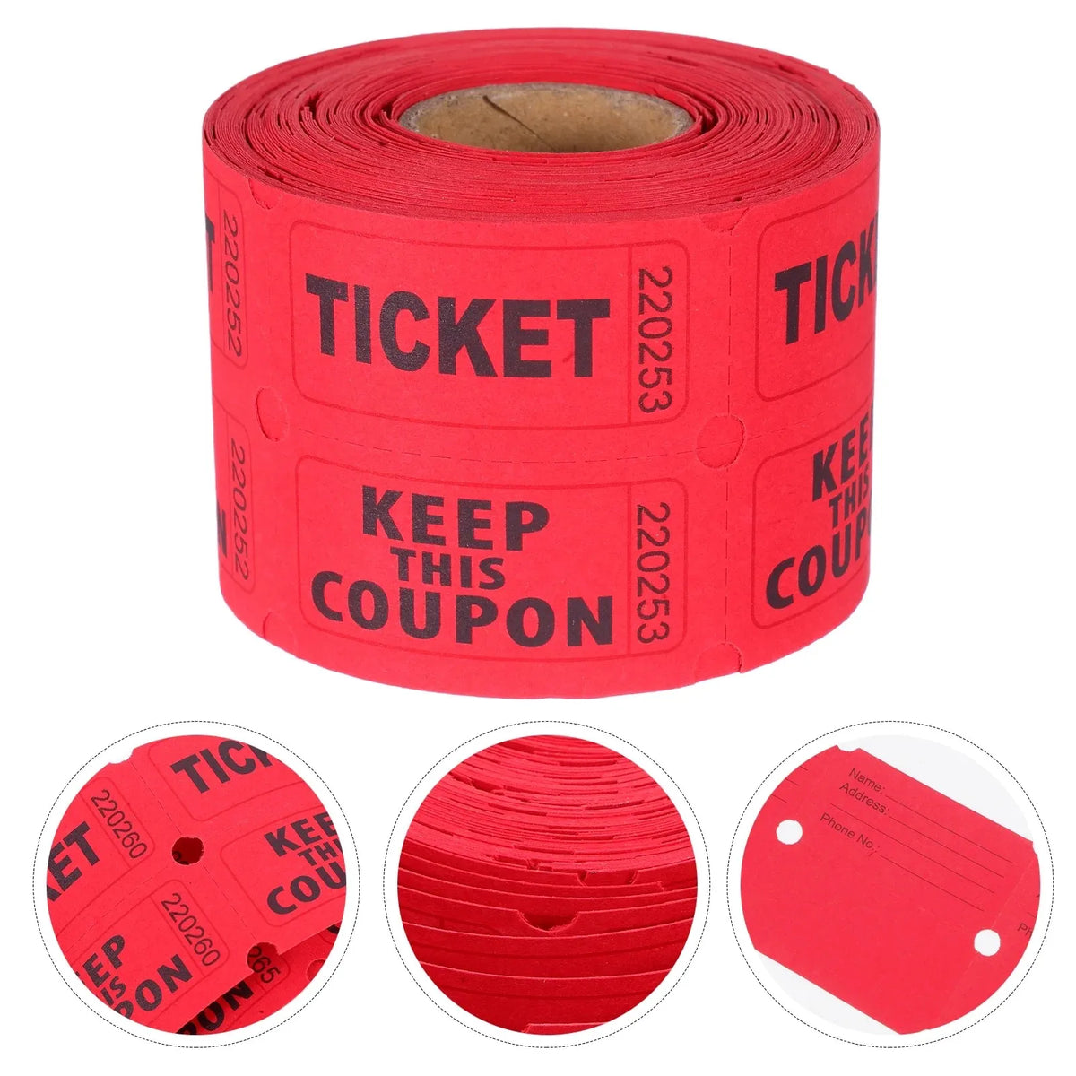 A roll of red tearable raffle tickets with the text KEEP THIS COUPON visible.