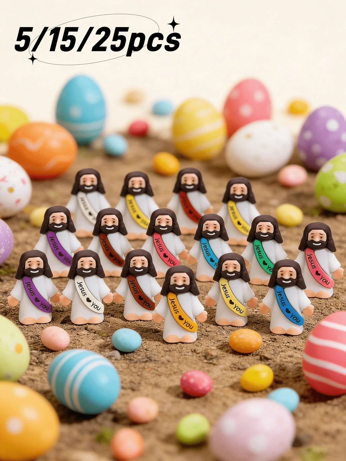 A collection of mini rubber Jesus figurines in various colors scattered on a surface for Easter and religious gifting.