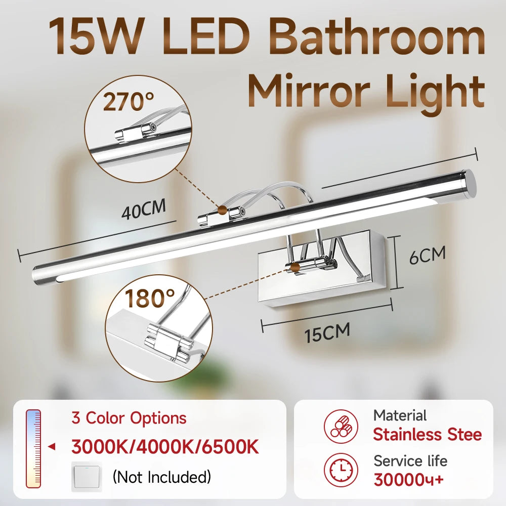 15W LED bathroom mirror light bar with 270 and 180 degree adjustable lighting options made of stainless steel