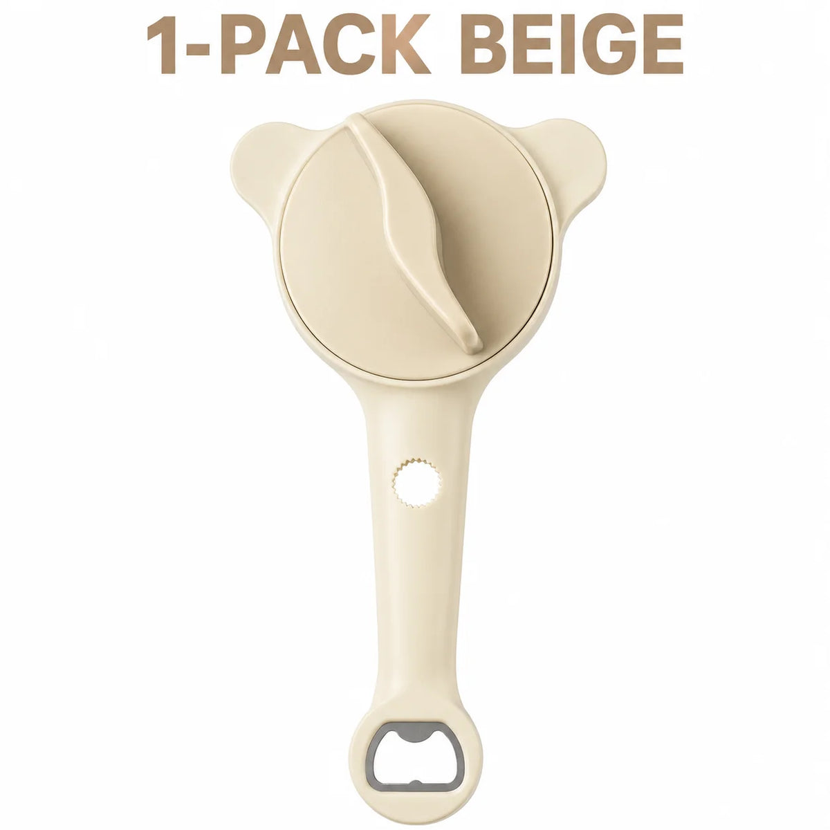 A beige multifunctional 4-in-1 jar and bottle opener with an adjustable grip.