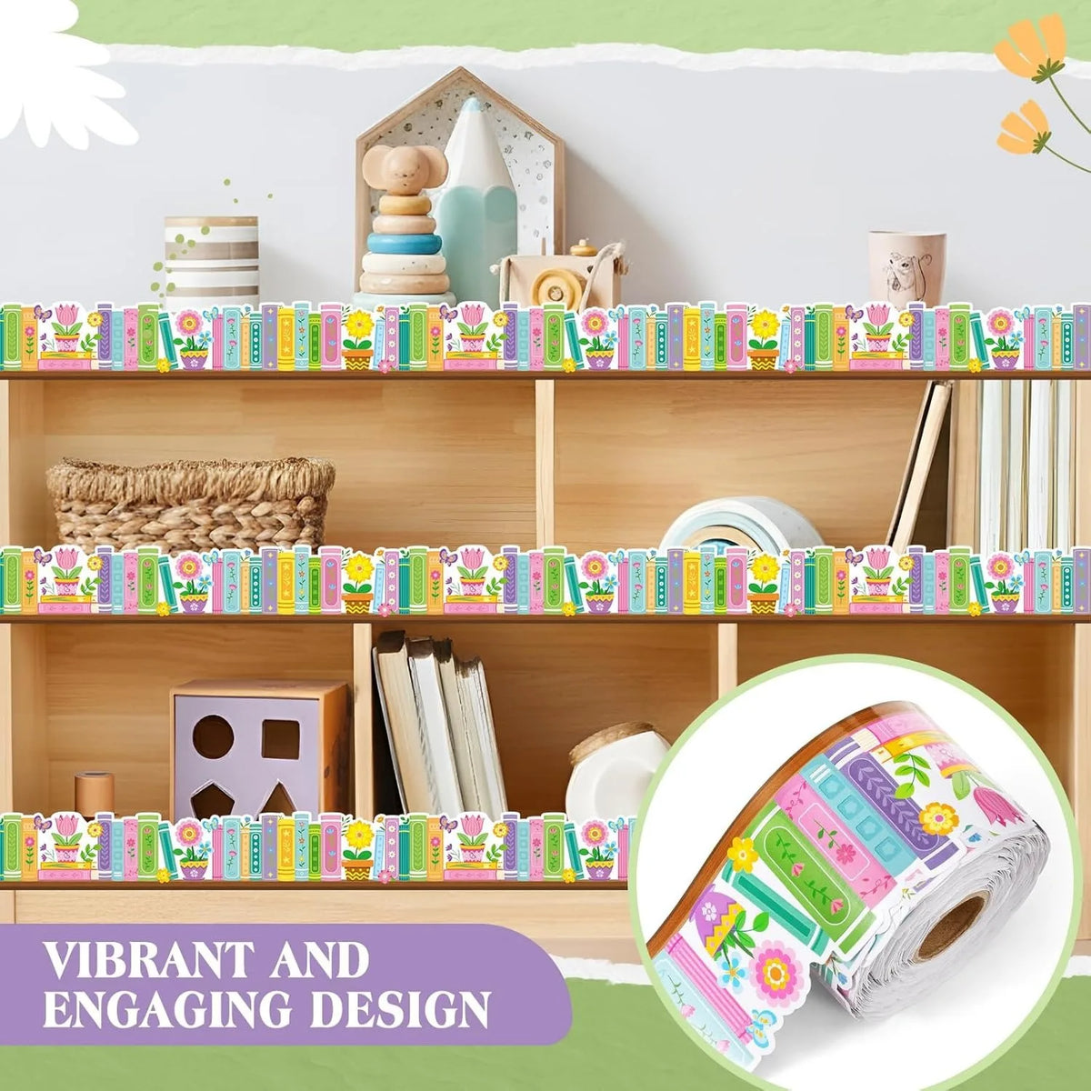 A wooden bookshelf decorated with colorful floral stickers and a roll of decorative border stickers.