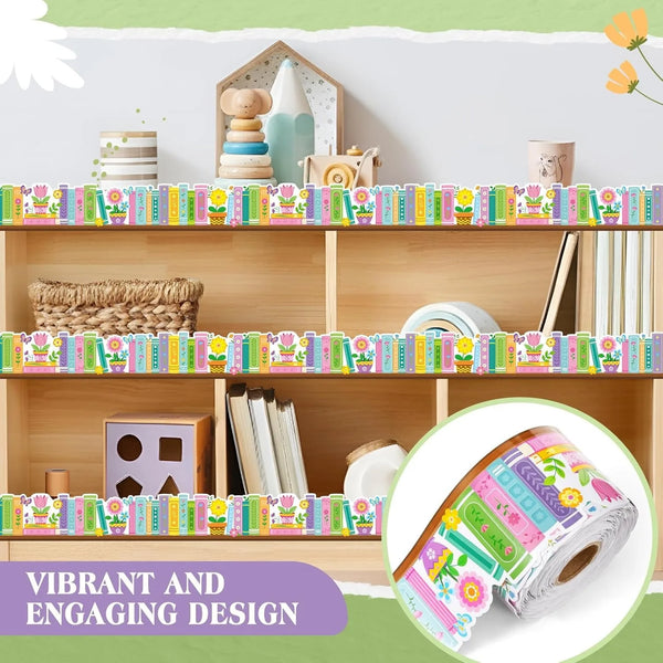A wooden bookshelf decorated with colorful floral stickers and a roll of decorative border stickers.