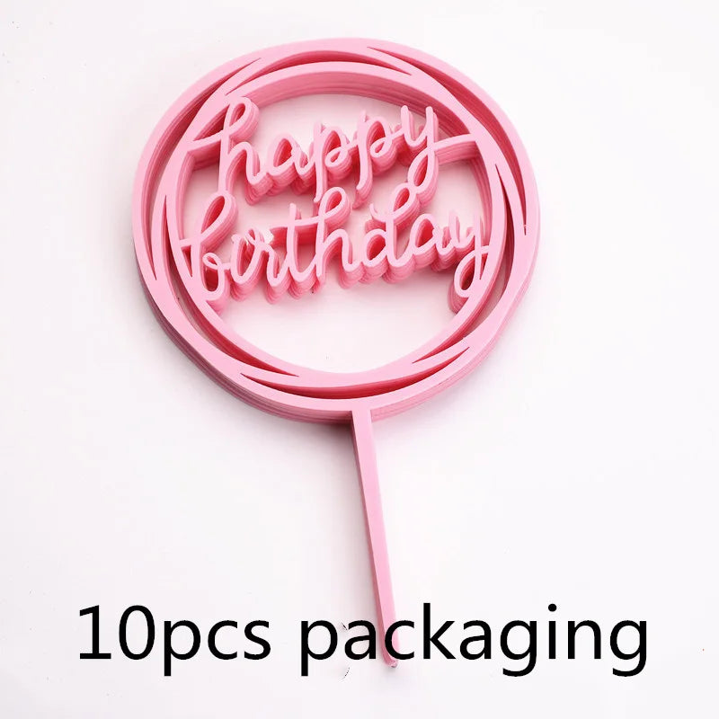 Pink acrylic birthday cake topper with the words happy birthday on a stick, packaged in 10 pieces.