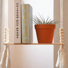 A rustic wooden wall shelf displaying a book and a potted plant, suspended by twine.